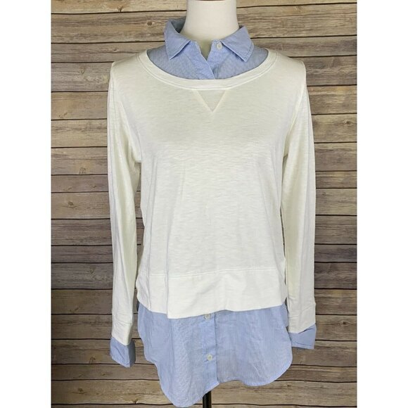 Tommy Hilfiger Womens Small Layered Top Collared Blue White Long Sleeve Blouse - Picture 1 of 9